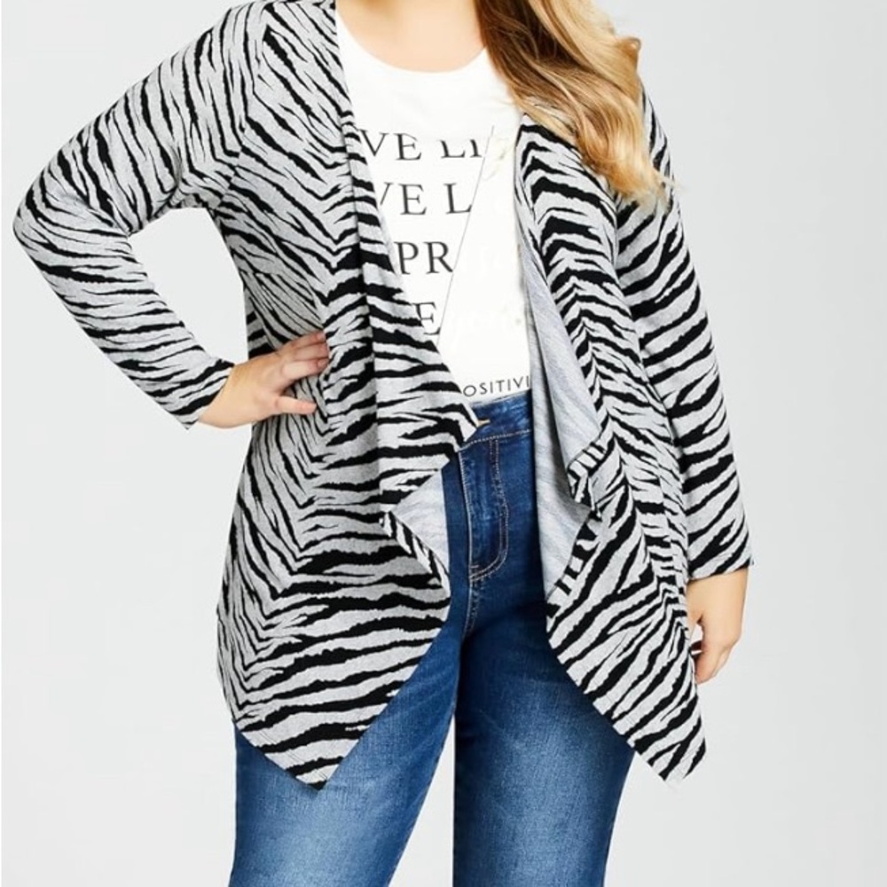Loralette Darci Zebra Print Cardigan 2X Animal Print Open Front Draped NWT